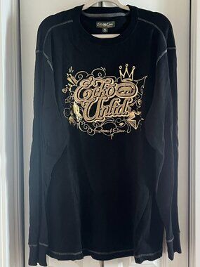 Black Ecko Unltd Long-sleeve Thermal Shirt w Metallic Gold Graffiti-Style Logo